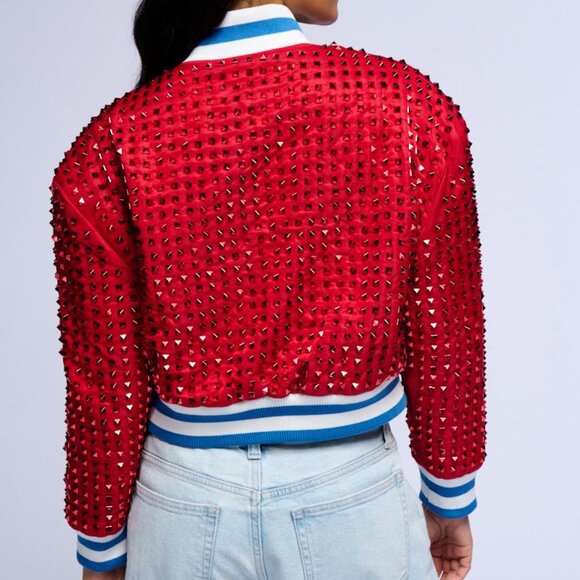 Red Studded Varsity Bomber Jacket Plus Size 1X XL - Picture 3 of 3